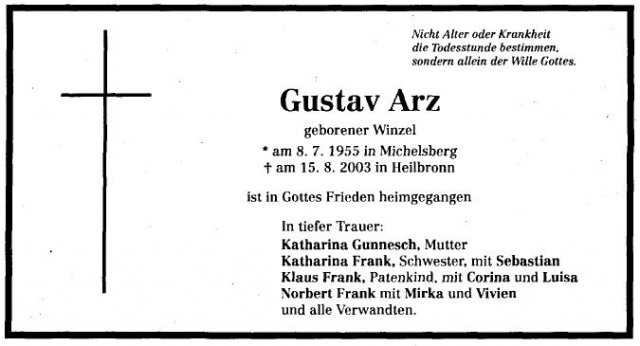 Winzel Gustav 1955-2003 Todesanzeige